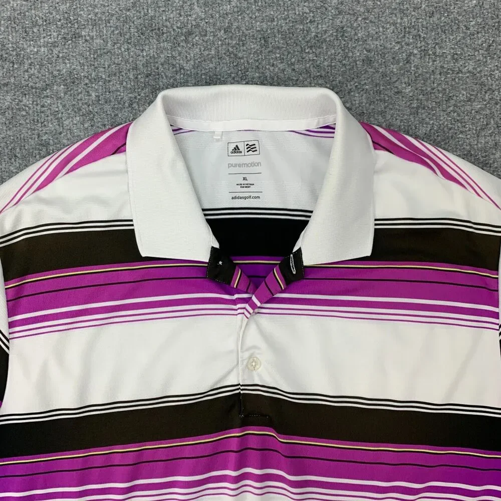 Adidas Golf Shirt Men XL White Purple Stripe Stretch Lightweight Puremotion Polo